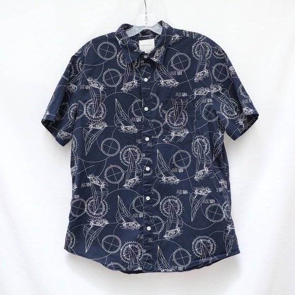 American Eagle Nautical print shortsleeve men's shirt navy blue L Large cotton - Picture 2 of 10